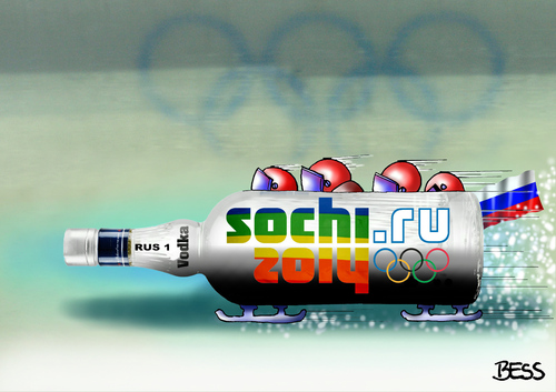 Cartoon: Sotschi (medium) by besscartoon tagged putin,homophobie,schwulenfeindlichkeit,rußland,wintersport,sochi,sotschi,winterolympiade,vodka,bob,bobsport,alkohol,olympia,sport,besscartoon,bess