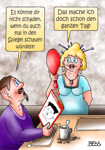 Cartoon: Spiegel (medium) by besscartoon tagged paar,bildung,beziehung,schönheit,eitelkeit,der,spiegel,magazin,lesen,politik,bess,besscartoon