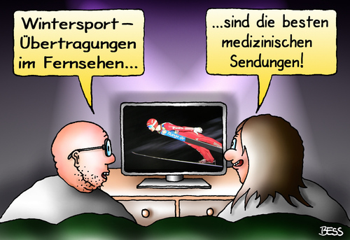 Cartoon: Sport ist Mord (medium) by besscartoon tagged wintersport,winter,schnee,tv,fernsehen,ard,sport,zdf,eurosport,skifahren,skispringen,ski,medizin,verletzungen,bess,besscartoon