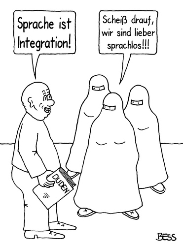 Cartoon: Sprache ist Integration (medium) by besscartoon tagged sprache,integration,migration,deutsch,deutschland,sprachlos,burka,duden,bess,besscartoon