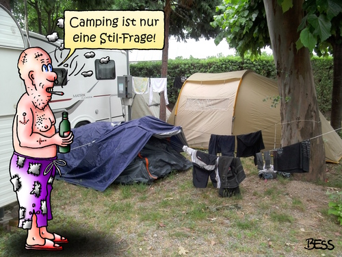 Cartoon: Stil-Frage (medium) by besscartoon tagged camping,urlaub,ferien,luxus,mann,zelt,stil,bess,besscartoon