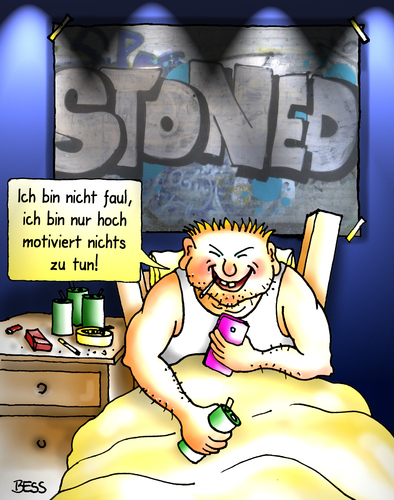 Cartoon: stoned (medium) by besscartoon tagged arbeitslos,hartz,mann,faulheit,motiviert,faul,stoned,alkohol,trinken,rauchen,handy,bess,besscartoon