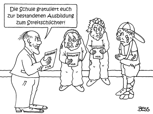 Cartoon: Streitschlichter (medium) by besscartoon tagged schule,pädagogik,lehrer,pauker,lernen,grundschule,hauptschule,realschule,werkrealschule,schüler,gemeinschaftsschule,gymnasium,streitschlichter,urkunde,bess,besscartoon