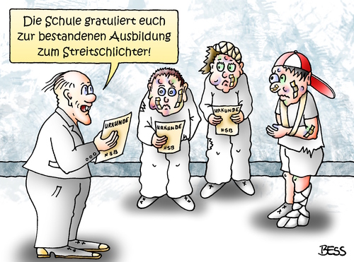 Cartoon: Streitschlichter (medium) by besscartoon tagged schule,pädagogik,lehrer,pauker,lernen,grundschule,hauptschule,realschule,werkrealschule,schüler,gemeinschaftsschule,gymnasium,streitschlichter,urkunde,bess,besscartoon