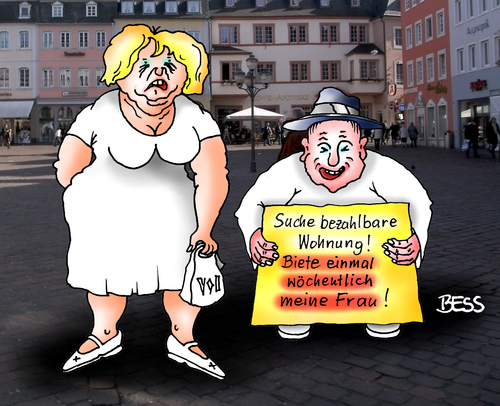 Cartoon: Suche bezahlbare Wohnung (medium) by besscartoon tagged besscartoon,bess,geld,unsozial,sozial,vermieter,mieter,miete,verkehr,beziehung,paar,familie,unbezahlbar,wohnungsbau,wohnungsnot,wohnen