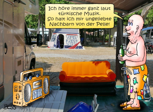 Cartoon: Taktik (medium) by besscartoon tagged mann,urlaub,camping,türkische,musik,nachbarn,pelle,sommer,freizeit,ferien,bess,besscartoon