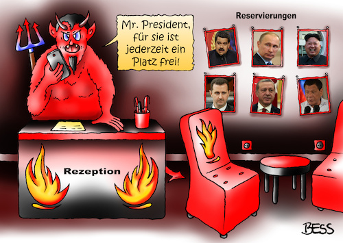 Cartoon: teuflisch (medium) by besscartoon tagged hölle,teufel,putin,russland,erdogan,türkei,kim,jong,un,nordkorea,duterte,philippinen,maduro,venezuela,assad,syrien,trump,amerika,krieg,gewalt,diktatur,bess,besscartoon