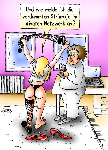 Cartoon: total vernetzt (medium) by besscartoon tagged besscartoon,bess,technik,computer,netzstrümpfe,wlan,netzwerk,beziehung,ehe,frau,mann,internet