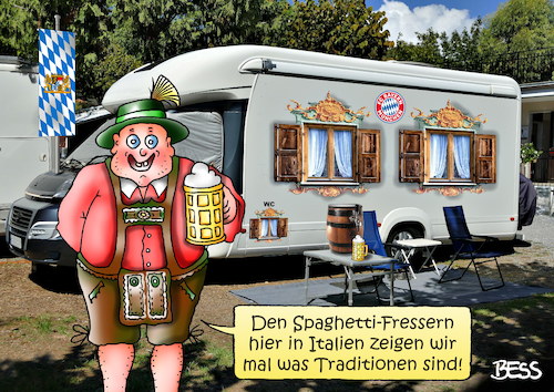 Cartoon: traditionsbewußt (medium) by besscartoon tagged bayer,bier,wohnmobil,spaghettifresser,italien,lederhose,tradition,urlaub,ferien,freizeit,camping,bess,besscartoon