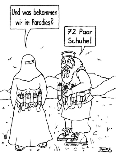 Cartoon: Traumjob (medium) by besscartoon tagged schuhe,paradies,jungfrauen,burka,islam,mode,religion,selbstmordattentäterin,sprengstoff,attentat,dynamit,mann,frau,bess,besscartoon