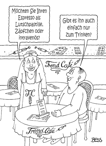 Cartoon: Trend-Cafe (medium) by besscartoon tagged kaffee,cafe,espresso,lutschpastille,zäpfchen,intravenös,spritze,trend,trinken,genuss,konsum,gastronomie,bess,besscartoon