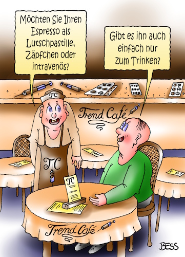 Cartoon: Trend-Cafe (medium) by besscartoon tagged kaffee,cafe,espresso,lutschpastille,zäpfchen,intravenös,spritze,trend,trinken,genuss,konsum,gastronomie,bess,besscartoon