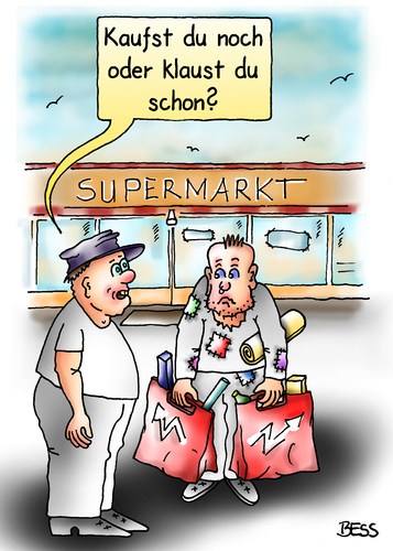 Cartoon: Überlebensfrage (medium) by besscartoon tagged supermarkt,kaufen,konsum,klauen,diebstahl,armut,männer,bess,besscartoon
