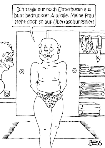 Cartoon: Überraschungseier (medium) by besscartoon tagged mann,frau,paar,beziehung,ehe,unterhose,überraschungseier,alufolie,bunt,bedruckt,bess,besscartoon