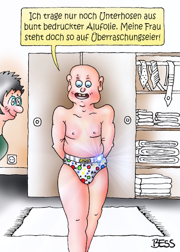 Cartoon: Überraschungseier (medium) by besscartoon tagged mann,frau,paar,beziehung,ehe,unterhose,überraschungseier,alufolie,bunt,bedruckt,bess,besscartoon