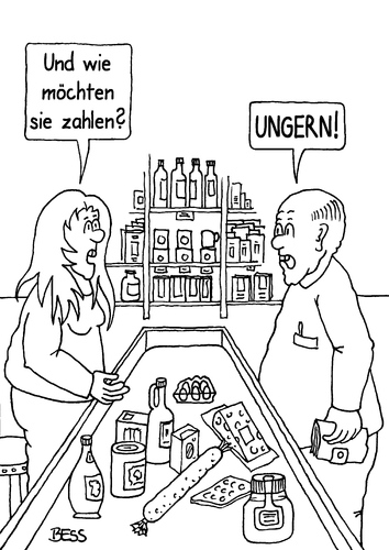 Cartoon: ungern (medium) by besscartoon tagged mann,frau,kaufen,lebensmittel,geld,supermarkt,bezahlen,euro,ungern,kasse,bess,besscartoon
