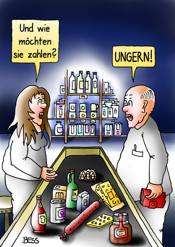 Cartoon: ungern (medium) by besscartoon tagged mann,frau,kaufen,lebensmittel,geld,supermarkt,bezahlen,euro,ungern,kasse,bess,besscartoon