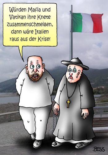 Cartoon: unheilige Allianz (medium) by besscartoon tagged mafia,vatikan,italien,krise,eu,euro,europa,pfarrer,kirche,knete,geld,bess,besscartoon