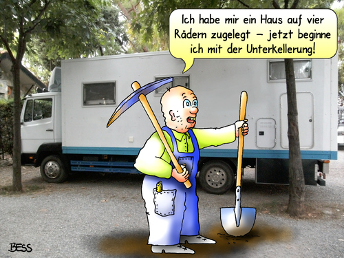 Cartoon: Haus auf vier Rädern (medium) by besscartoon tagged besscartoon,bess,unterkellern,keller,wohnmobil,camper,ferien,urlaub,camping