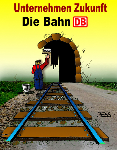 Cartoon: Unternehmen Zukunft (medium) by besscartoon tagged besscartoon,bess,tunnel,wand,zukunft,bahn,unternehmen,anstreichen,malen,eisenbahn,db