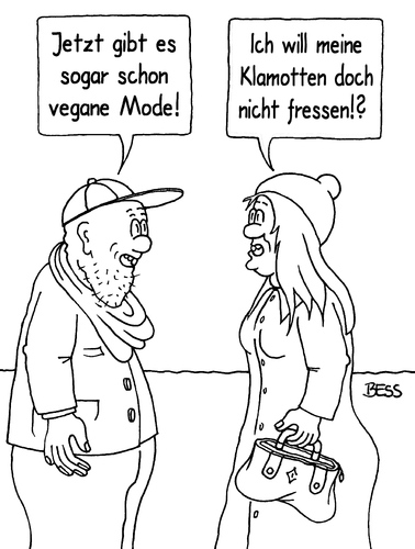 Cartoon: vegane Mode (medium) by besscartoon tagged mann,frau,paar,beziehung,ehe,mode,essen,ernährung,klamotten,bess,besscartoon