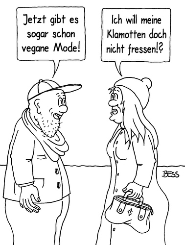 Cartoon: vegane Mode (medium) by besscartoon tagged mann,frau,paar,beziehung,ehe,mode,essen,ernährung,klamotten,bess,besscartoon