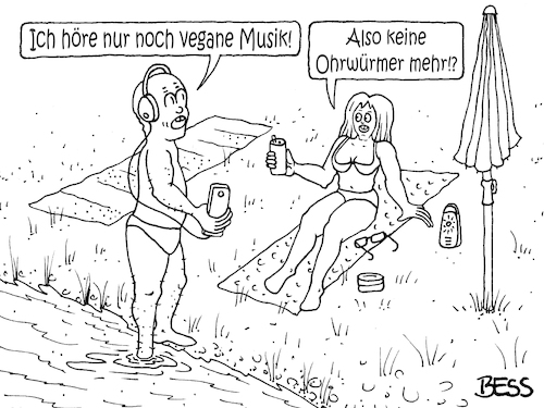 Cartoon: vegane Musik (medium) by besscartoon tagged mann,frau,paar,beziehung,ehe,vegan,veganer,kopfhörer,musik,ohrwurm,bess,besscartoon