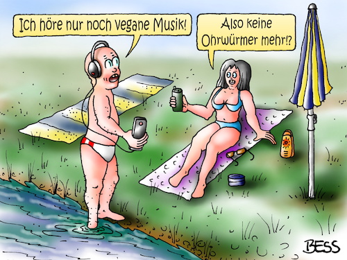 Cartoon: vegane Musik (medium) by besscartoon tagged mann,frau,paar,beziehung,ehe,vegan,veganer,kopfhörer,musik,ohrwurm,bess,besscartoon