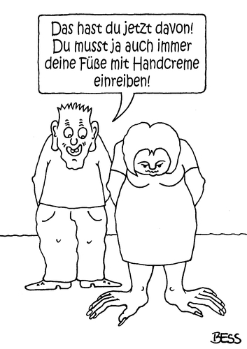 Cartoon: vercremt (medium) by besscartoon tagged hände,füße,handcreme,mann,frau,paar,liebe,ehe,alter,beziehung,bess,besscartoon