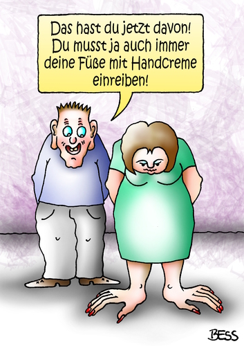 Cartoon: vercremt (medium) by besscartoon tagged hände,füße,handcreme,mann,frau,paar,liebe,ehe,alter,beziehung,bess,besscartoon