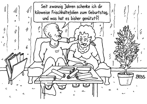 Cartoon: vergebliche Mühe (medium) by besscartoon tagged mann,frau,paar,geschenk,beziehung,alter,geburtstag,frischhaltefolie,bess,besscartoon