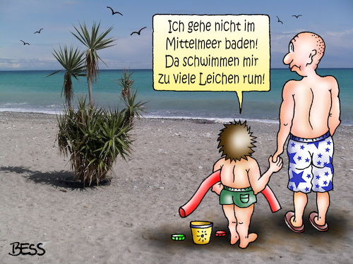 Cartoon: Verweigerung (medium) by besscartoon tagged urlaub,ferien,vater,sohn,mittelmeer,leichen,mittelmeerroute,meer,flüchtlinge,baden,bess,besscartoon