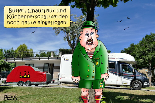 Cartoon: very british (medium) by besscartoon tagged camping,urlaub,nobelcamping,butler,chauffeur,küchenpersonal,nobel,sommer,snob,wohnmobl,ferien,bess,besscartoon