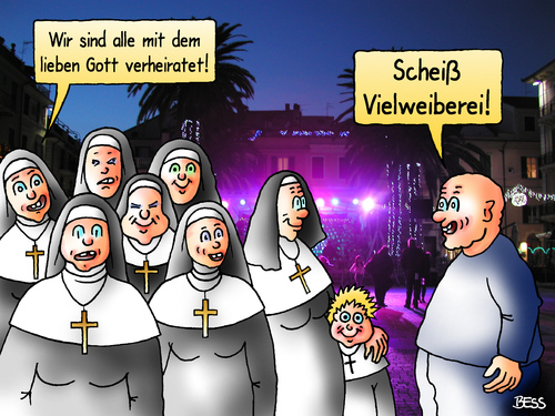 Cartoon: Vielweiberei (medium) by besscartoon tagged kirche,religion,katholisch,nonne,gott,verheiratet,scheiß,vielweiberei,polygamie,bess,besscartoon