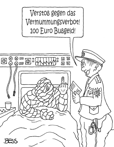 Cartoon: Visite (medium) by besscartoon tagged mann,polizist,polizei,krank,krankenhaus,verstoß,stinkefinger,bußgeld,vermummumgsverbot,bess,besscartoon