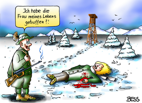 Cartoon: Volltreffer (medium) by besscartoon tagged beziehung,jagd,jäger,hochsitz,tod,sterben,mann,frau,waffe,gewehr,gewalt,bess,besscartoon