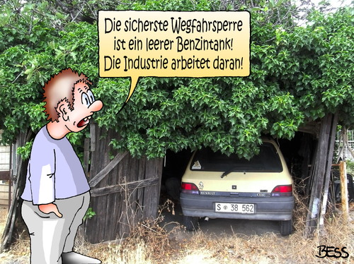 Cartoon: Wegfahrsperre (medium) by besscartoon tagged bess,wegfahrsperre,autoindustrie,klauen,diebstahl,industrie,sicherheit,benzintank,verkehr,auto,besscartoon