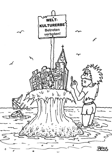 Cartoon: Weltkulturerbe (medium) by besscartoon tagged insel,meer,kirche,kreuz,weltkulturerbe,betreten,verboten,ruine,mann,bess,besscartoon