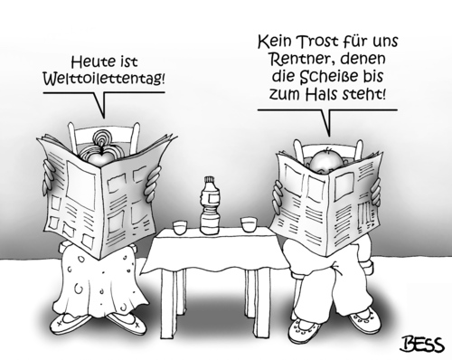 Cartoon: Welttoilettentag (medium) by besscartoon tagged mann,frau,paar,beziehung,ehe,rentner,scheiße,altersarmut,trost,bess,besscartoon