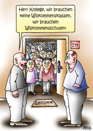 Cartoon: Willkommensschulen (medium) by besscartoon tagged welcome,willkommensklassen,willkommensschulen,schule,pädagogik,lehrer,schüler,asyl,flüchtlinge,flüchtlingsdrama,syrien,deutschland,hauptschule,realschule,gymnasium,werkrealschule,gemeinschaftsschule,grundschule,bess,besscartoon