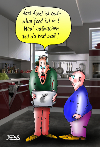 Cartoon: wlan food (medium) by besscartoon tagged computer,technik,wlan,essen,fastfood,maul,bess,besscartoon