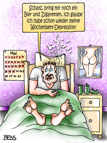 Cartoon: Wochenbettdepression (medium) by besscartoon tagged mann,wochenbett,depression,bier,paar,beziehung,zigaretten,bess,besscartoon