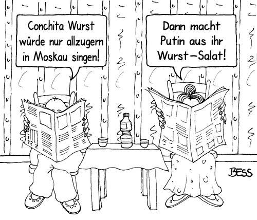 Cartoon: Wurst-Salat (medium) by besscartoon tagged besscartoon,bess,wurstsalat,putin,singen,moskau,musik,wurst,conchita