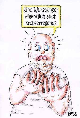 Cartoon: Wurstfinger (medium) by besscartoon tagged besscartoon,bess,ernährung,gesundheit,fleischessen,krebs,fleischkonsum,krebserregend,wurst,wurstfinger