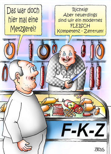 Cartoon: Zeitenwandel (medium) by besscartoon tagged metzgerei,fleisch,kompetenz,zentrum,einkaufen,lebensmittel,wurst,bess,besscartoon