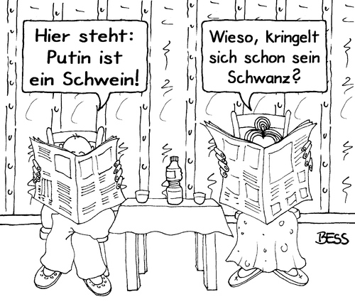 Cartoon: Zeitungslektüre (medium) by besscartoon tagged putin,russland,zeitung,lesen,frau,mann,konflikt,ukraine,schwein,schwanz,kringeln,bess,besscartoon