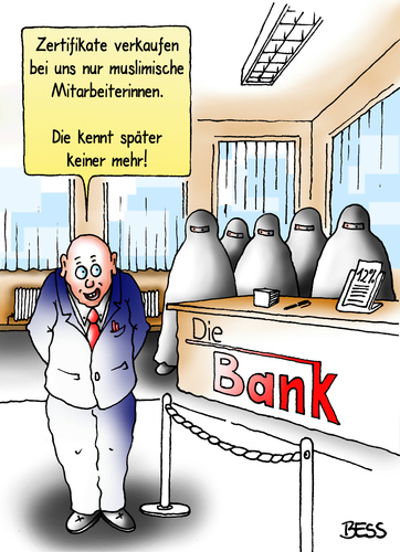 Cartoon: Zertifikate (medium) by besscartoon tagged bess,bankberater,geldinstitute,bankster,damager,banken,finanzwelt,betrug,wertpapiere,aktien,aktienkurse,geld,geldinstitut,verkaufen,burka,islam,muslime,bank,zertifikate,besscartoon