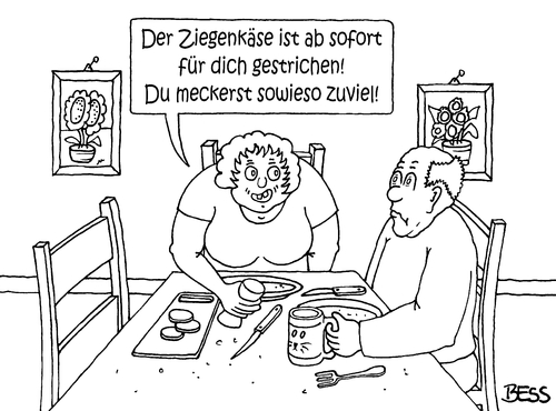 Cartoon: so ein Käse (medium) by besscartoon tagged besscartoon,bess,essen,alter,ehe,liebe,beziehung,paar,meckern,ziegenkäse,frau,mann