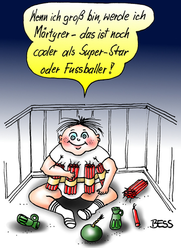 Cartoon: Zukunftspläne (medium) by besscartoon tagged kind,kinder,spielen,spiel,laufstall,handgranate,märtyrer,islam,gewalt,religion,terrorismus,suizid,selbstmord,attentat,selbstmordattentat,dynamit,islamismus,fussball,superstar,waffen,paradies,bess,besscartoon