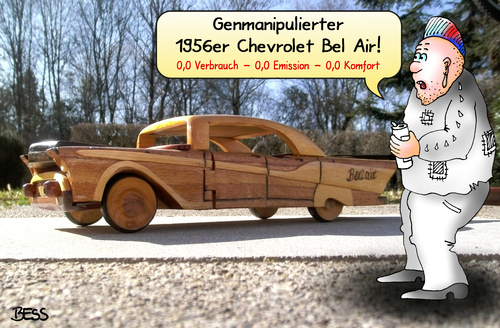 Cartoon: zukunftsweisend (medium) by besscartoon tagged autoindustrie,auto,umweltfreundlichkeit,abgase,chevrolet,bel,air,1956,genmanipuliert,verbrauch,emission,komfort,bess,besscartoon